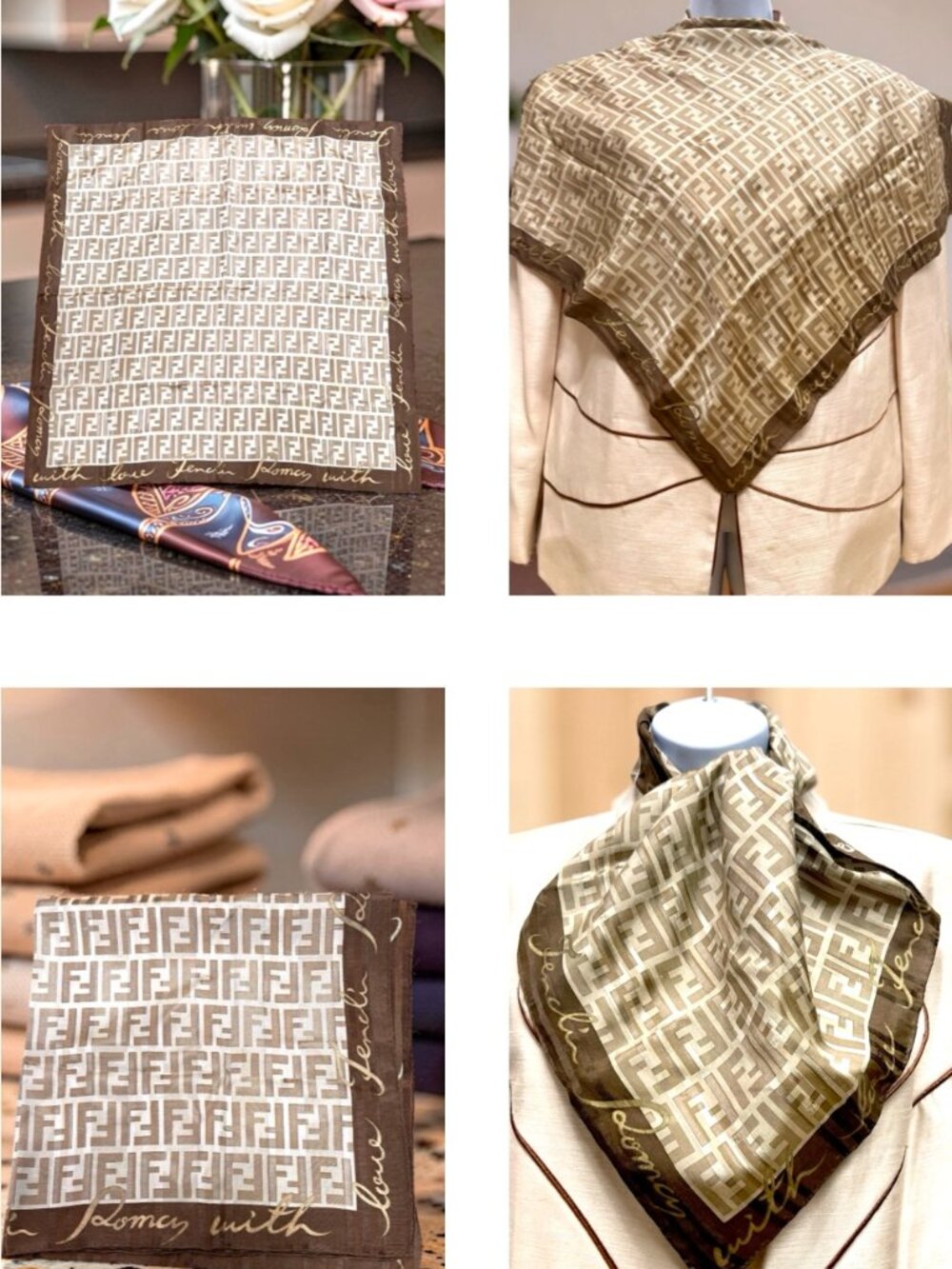 FENDI Zuca Mini Scarf/Bandana Silk 22.5" Beige Brown Logo FF Stiped (35 - Picture 2 of 13
